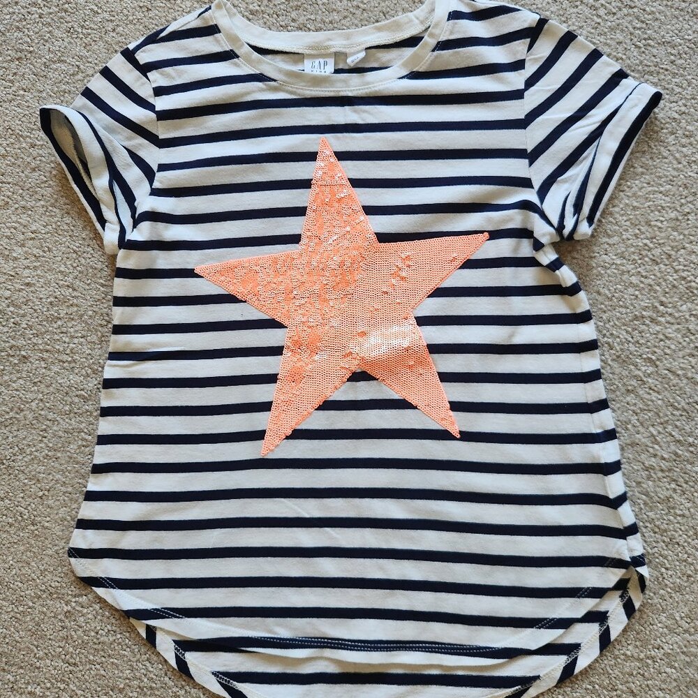 Gap Kids XL White Tee with Navy Stripes and Sequin Star